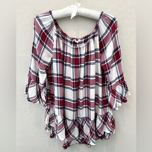 BEACH LUNCH LOUNGE | Red White Plaid Soft Cozy Peasant Boho Ruffle Top | Large